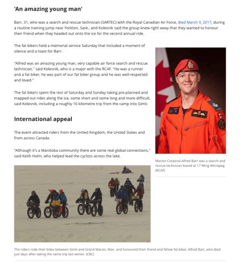 CBC News - 5 Mar 18 - Fatbikers Honour Friend w Camp-out &amp; Ride on Lake Wpg - 3