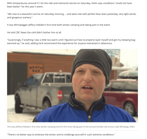 CBC News - 5 Mar 18 - Fatbikers Honour Friend w Camp-out &amp; Ride on Lake Wpg - 4