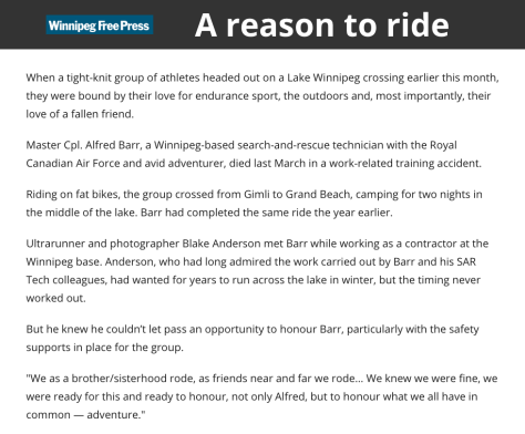 Wpg Free Press Article 31 Mar 18 - Lake Wpg Alfred Barr FB Adventure - Blake Anderson Pics 1